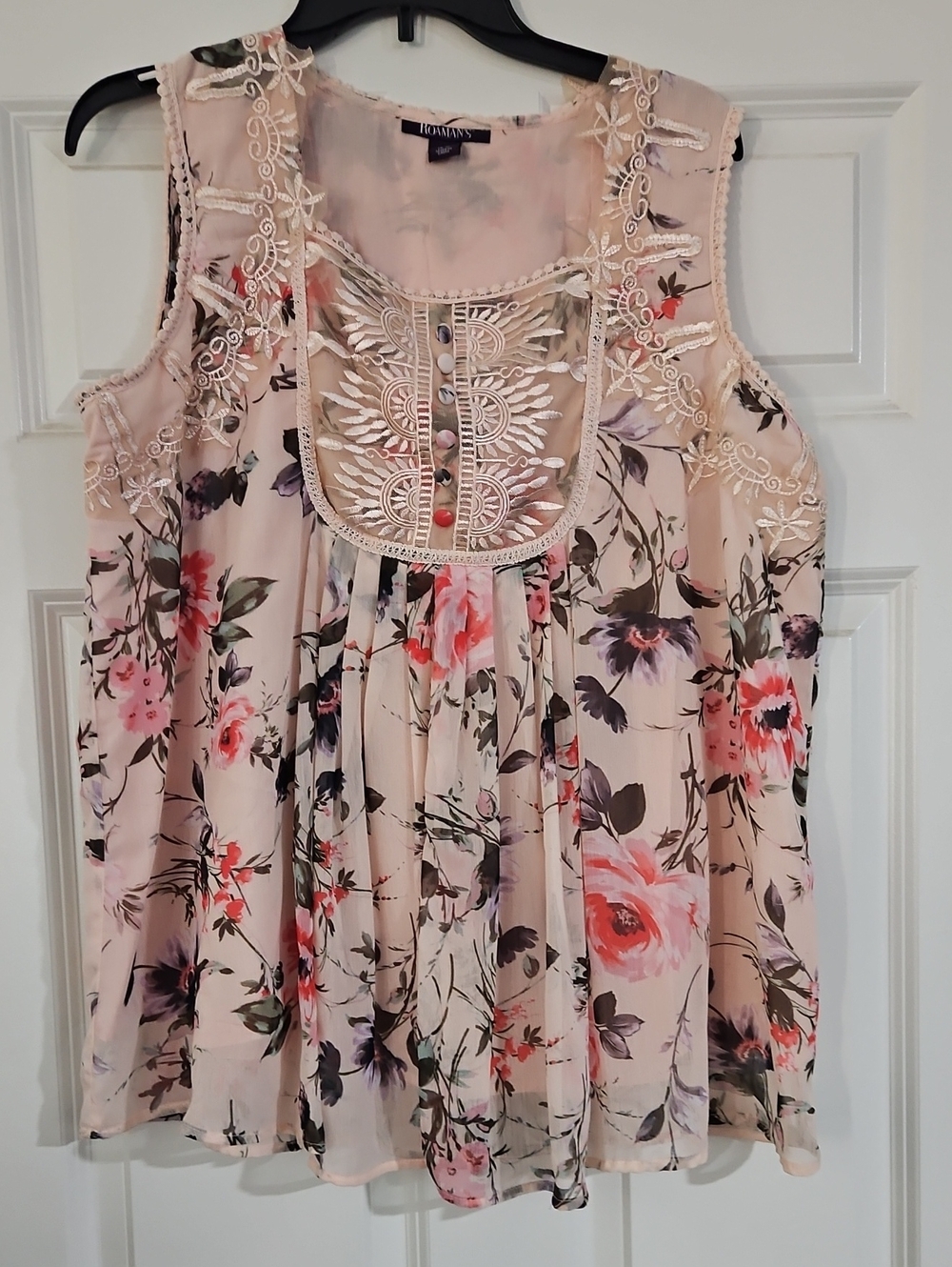 Roamans Blush Pink Floral Lace-Trim Sleeveless Blouse